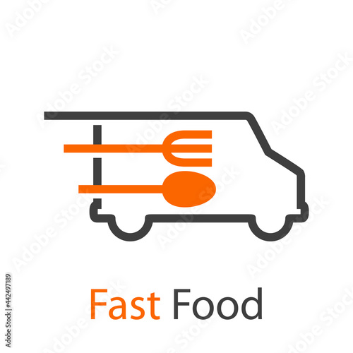 Logo con texto Fast Food con tenedor y cuchara en camión con lineas de velocidad en color gris y naranja
