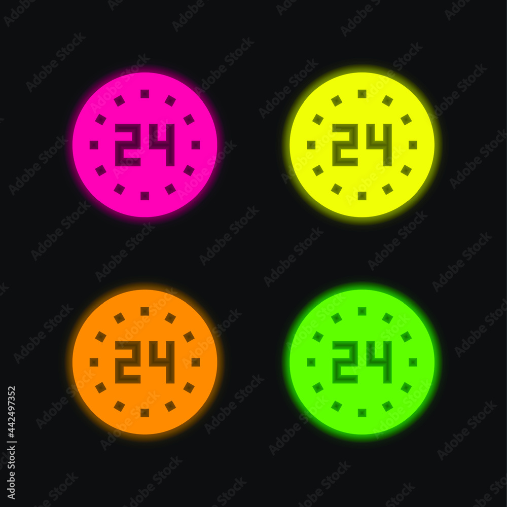 Fototapeta premium 24 Hours four color glowing neon vector icon