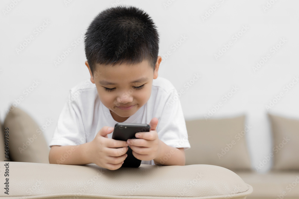 Happy little boy having fun playing game on mobile phone, Preschool kid sitting on sofa with smiling face watching cartoon on smartphone, Child using cell phone while relaxing at home Happy little boy having fun playing game on mobile phone, Preschool kid sitting on sofa with smiling face watching cartoon on smartphone, Child using cell phone while relaxing at home