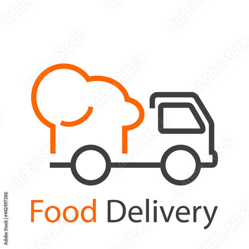 Logo con texto Food Delivery con sombrero de cocinero en camión con lineas en color gris y naranja