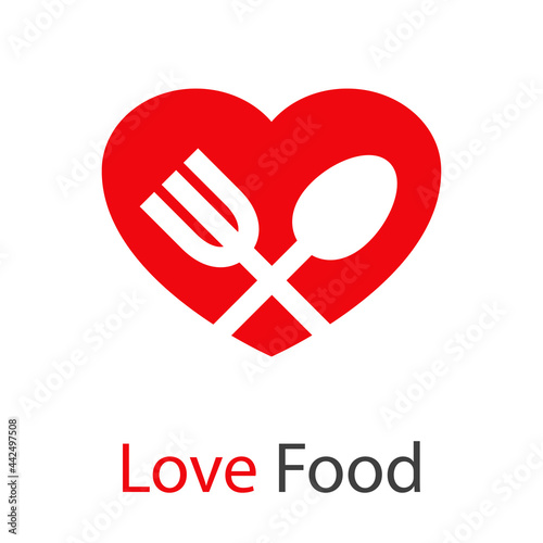 Logo con texto Love Food con corazón con cuchillo y tenedor con forma de aspa en color rojo