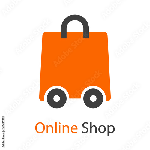 Logotipo con texto Online Shop con bolsa de la compra con ruedas en color naranja y gris