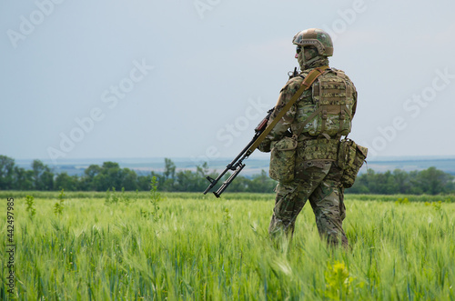Vászonkép Ukrainian soldier near the Mariupol, Ukraine.