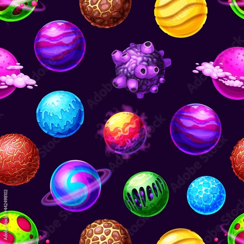 Cartoon galaxy planets and space stars seamless pattern, vector universe background. Galaxy asteroids and fantasy space planets with meteorites, meteors and comets, kids cartoon cosmic sky background