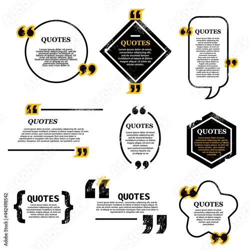 Quote bubble and box, chat message, comment and note quote icons. Vector set of various quotes and speech bubbles, blank layout template, frames. Remark, mention quotations and callout text collection