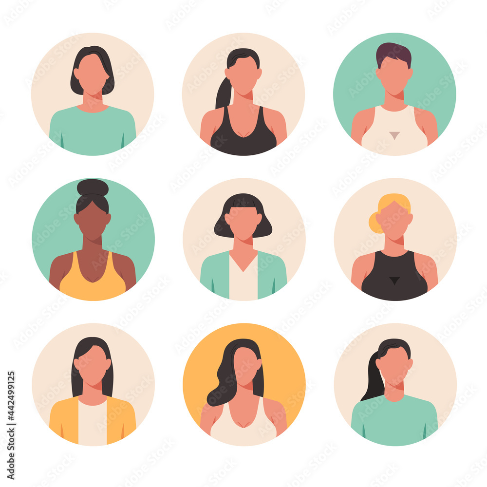 People portraits of young women, female faces avatars isolated at round icons set, vector design flat style illustration People portraits of young women, female faces avatars isolated at round icons set, vector design flat style illustration