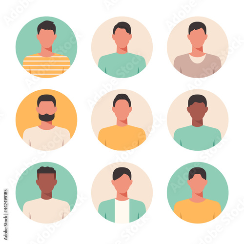 People portraits of young men, male faces avatars isolated at round icons set, vector design flat style illustration