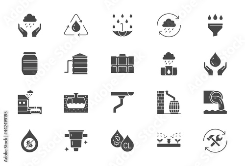 Rainwater harvesting flat icons. Vector illustration include icon - barrel, stainless steel reservoir, pipe, recuperation, liquid drainage glyph silhouette pictogram for water recycling. Black color