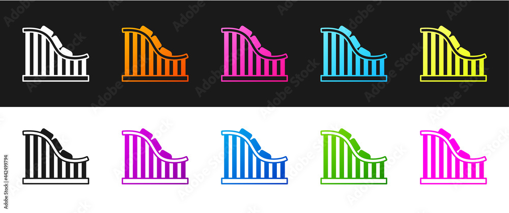 Set Roller coaster icon isolated on black and white background. Amusement park. Childrens entertainment playground, recreation park. Vector Set Roller coaster icon isolated on black and white background. Amusement park. Childrens entertainment playground, recreation park. Vector