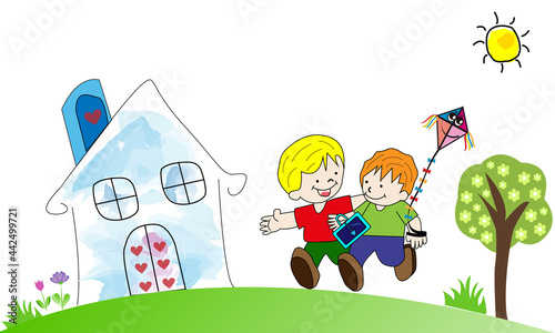 Pareja de niños felices andando con cometa.