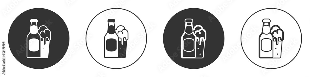 Black Beer bottle and glass icon isolated on white background. Alcohol Drink symbol. Circle button. Vector Black Beer bottle and glass icon isolated on white background. Alcohol Drink symbol. Circle button. Vector
