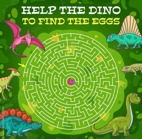 Labyrinth maze help dinosaur find the egg. Vector kids game with cartoon reptiles in jungle and round tangled path. Cute dino characters educational children riddle with funny prehistoric animals