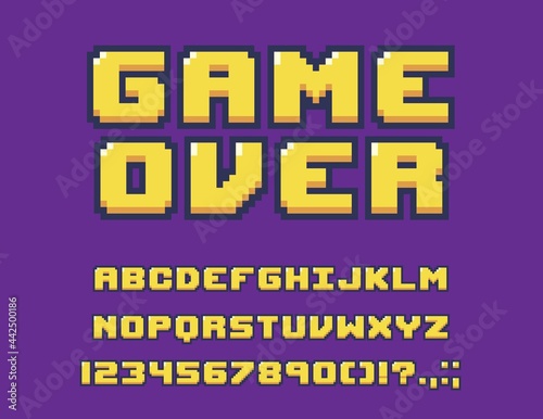 8-bit game font or type with letters, numbers, digits and symbols. Vector alphabet, punctuation marks on violet background. Yellow abc uppercase characters, pixelized signs in retro style isolated set