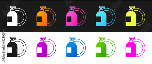 Set Dishwashing liquid bottle and plate icon isolated on black and white background. Liquid detergent for washing dishes. Vector