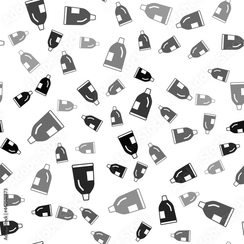 Black Plastic bottle for laundry detergent, bleach, dishwashing liquid or another cleaning agent icon isolated seamless pattern on white background. Vector