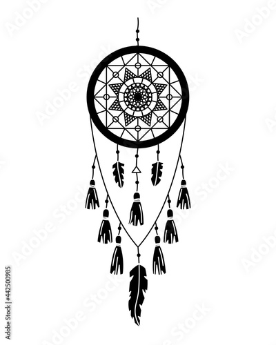 Vector illustration of dreamcatcher in boho style. Mystery interior. Simple style