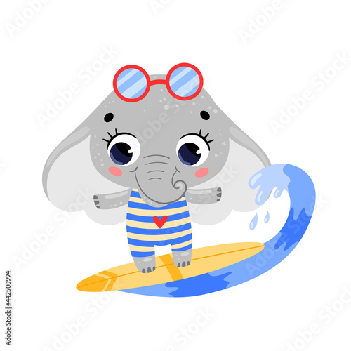 Canvas Print Flat doodle cute cartoon summer surfing elephant