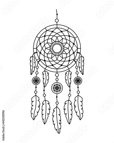Vector illustration of dreamcatcher in boho style. Mystery interior