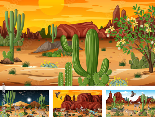 Different scenes with desert forest landscape with animals and plants