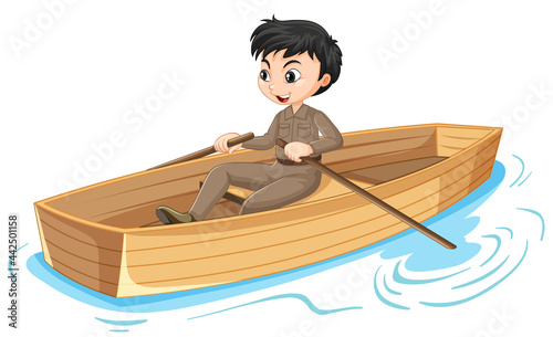 Boy cartoon character rowing the boat isolated