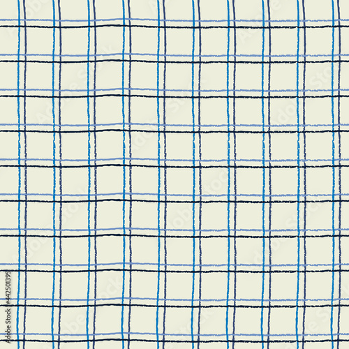 Seamless checkered repeating pattern with double hand drawn grid. Blue and white background for wrapping paper, surface design and other design projects