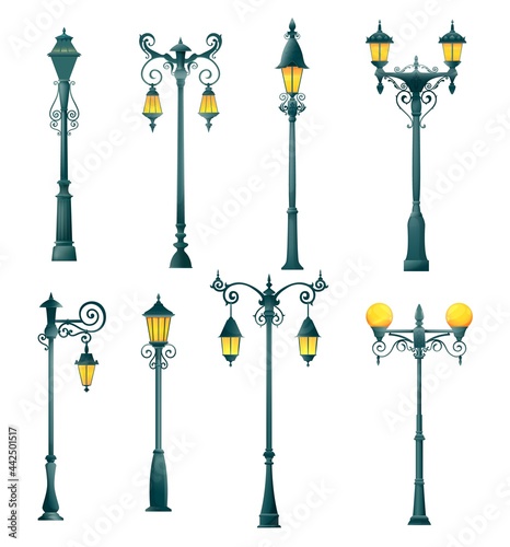 Old street light pillar and lamppost, vector isolated streetlight and streetlamps. Vintage lamp posts or lantern poles, city illumination pillars with gas or lantern bulb lights, classic lampposts