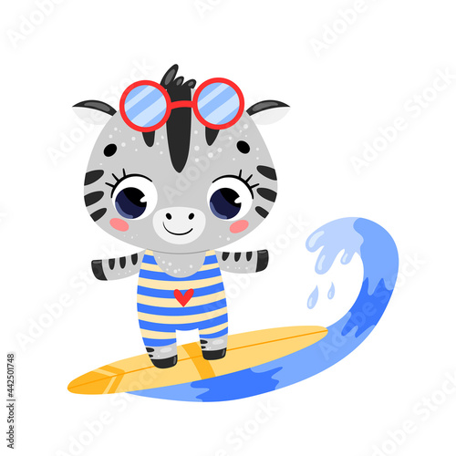 Photography Flat vector doodle cute cartoon summer surfing zebra