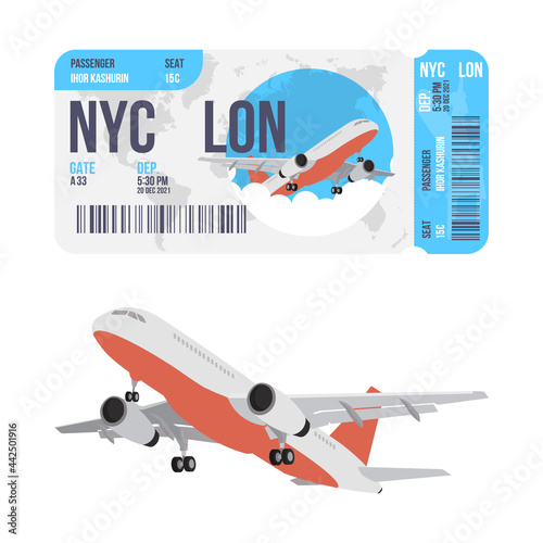 Airline ticket design with passenger name. Vector illustration