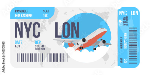 Airline ticket design with passenger name. Vector illustration