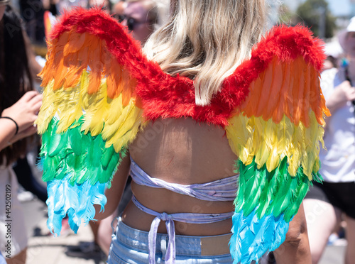 Girl dress on shoulders large wings of colors of rainbow. Close-up. Symbol of gays is colors of rainbow. Gay and pride solidarity parade in Tel Aviv. 