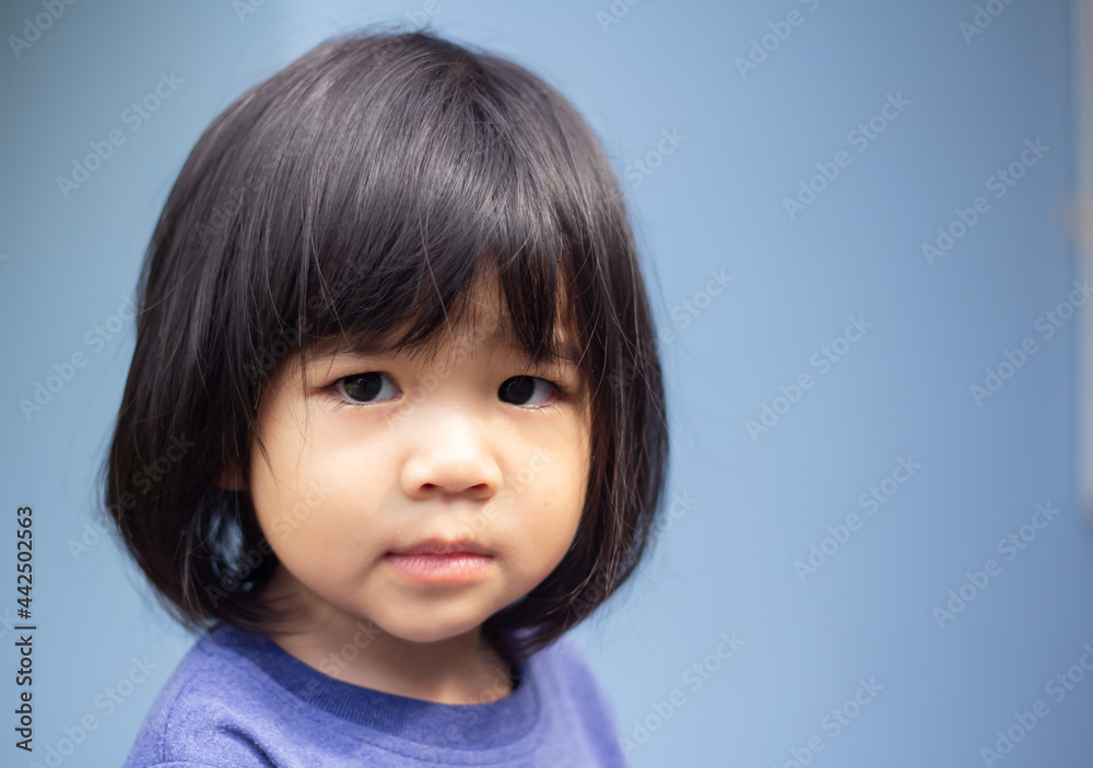 A headshot portrait of a cheerful baby Asian woman, a cute toddler little girl with adorable bangs hair, a child wearing a blue sweater smiling and looking to the camera. A headshot portrait of a cheerful baby Asian woman, a cute toddler little girl with adorable bangs hair, a child wearing a blue sweater smiling and looking to the camera.