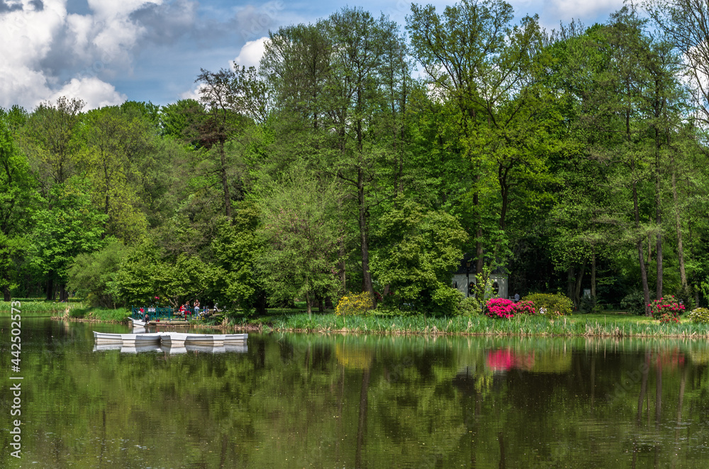 Boat on the pond in Palace garden, Zamek w Pszczynie, Poland
