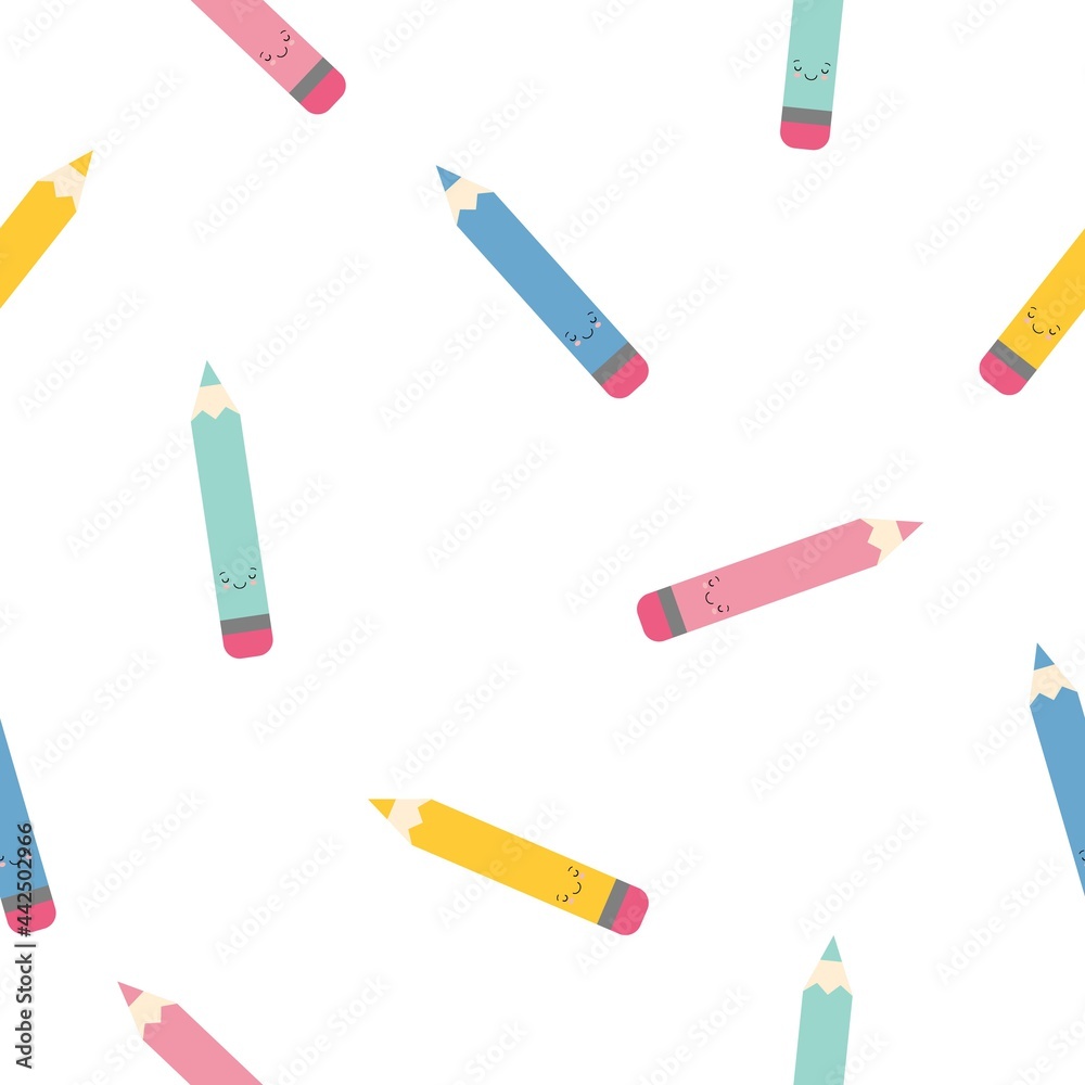 Funny seamless pattern with with cartoon cute pencils. Back to school background. Kawaii style Funny seamless pattern with with cartoon cute pencils. Back to school background. Kawaii style
