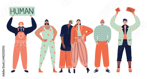 Group of happy androgynous transgender people. Gender neutrality concept, genderqueer. LGBTQ+ friendly society. Pride and freedom concept. Vector hand drawn flat illustration. photo