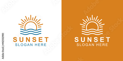 brightening Sun or sunrise in beach with wave, sunset flare light bright shine logo design for summer and vacation