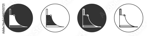 Black Skate park icon isolated on white background. Set of ramp, roller, stairs for a skatepark. Extreme sport. Circle button. Vector