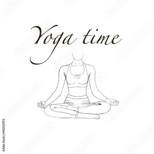 Vector illustration with female figure and lettering. Hand written phrase design with isolated silhouette of woman meditating in lotus position