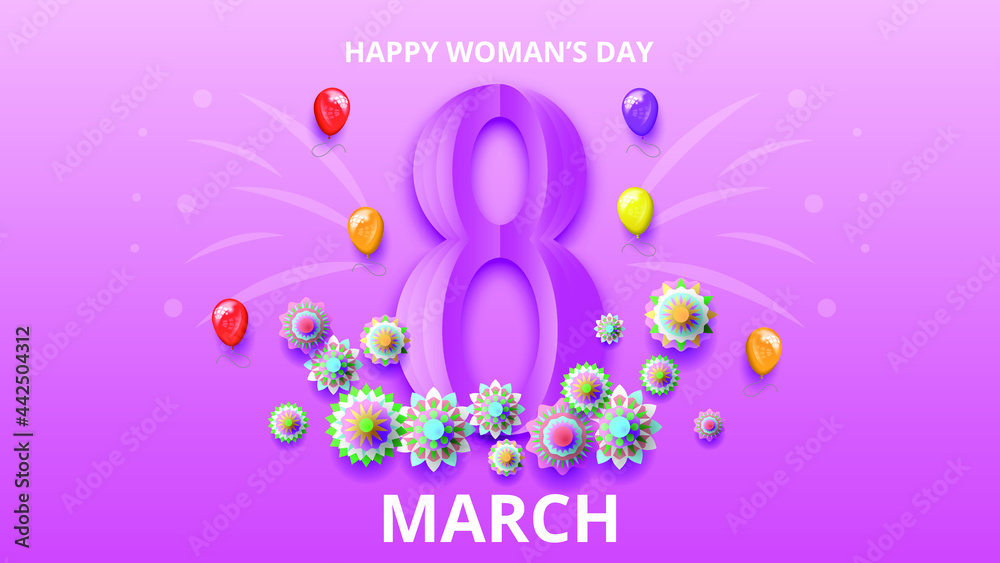8 March Happy Woman's Day Greeting Flowers Background. Vector Design Banner Party Invitation Web Poster Flyer Stylish Brochure, Greeting Card Template 8 March Happy Woman's Day Greeting Flowers Background. Vector Design Banner Party Invitation Web Poster Flyer Stylish Brochure, Greeting Card Template