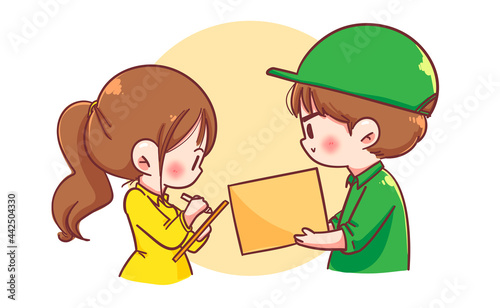 Delivery man with parcel box give to woman costumer cartoon art illustration
