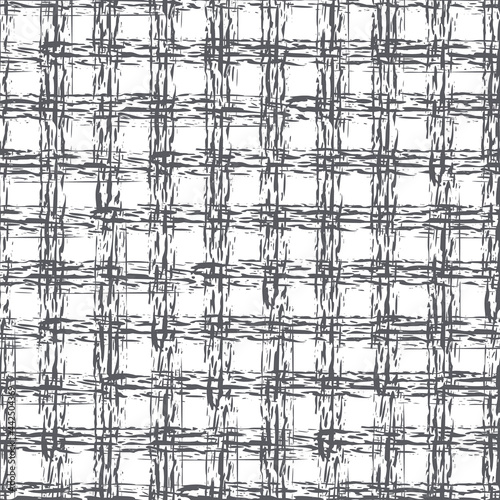 Abstract vector basket weave modern seamless pattern background. Monchrome black white burlap grid backdrop with overlapping painterly broken lines. Loose fibre interlace effect plaid grunge repeat