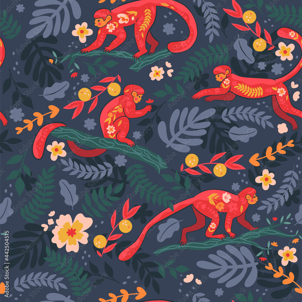 Seamless pattern with monkeys on the branches. Vector graphics.