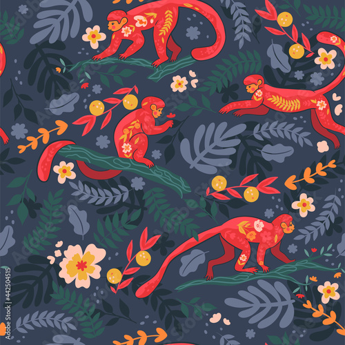 Seamless pattern with monkeys on the branches. Vector graphics.