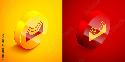 Isometric Skate park icon isolated on orange and red background. Set of ramp, roller, stairs for a skatepark. Extreme sport. Circle button. Vector