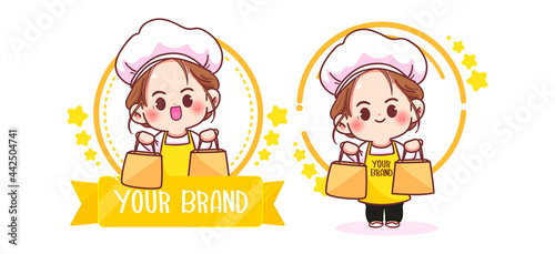 Cute woman chef logo cartoon art illustration