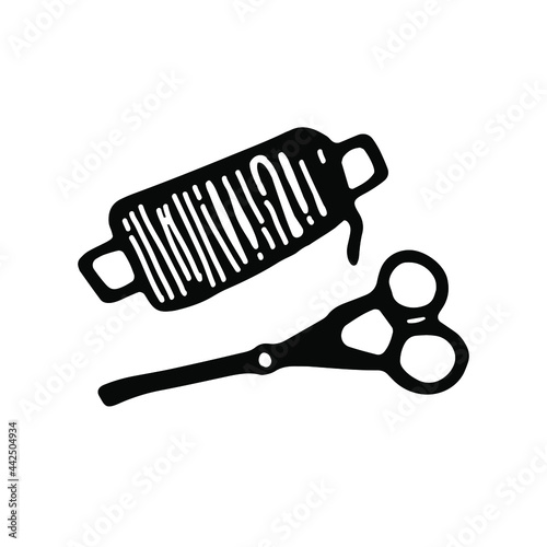 Doodle scissors and rope .Camping hand drawn line art.