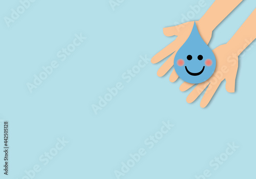 Hand holding smile water drop  world water day  hand alcohol gel and hygiene  washing hands  save water  paper cut design style.