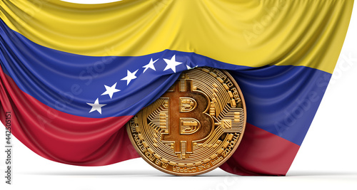 Venezuela flag draped over a bitcoin cryptocurrency coin. 3D Rendering photo