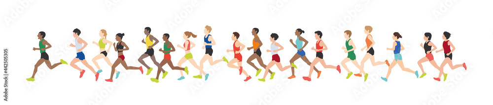 Men and Women dressed in sports clothes running marathon race. Participants of athletics event trying to outrun each other. Flat cartoon characters isolated on white background. Vector illustration.