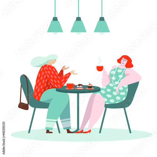 Two middle aged women chatting and drinking coffee at the table in cafe or restaurant. Vector illustration, trendy character design. concept for happy active elderly ladies enjoying their friendship.