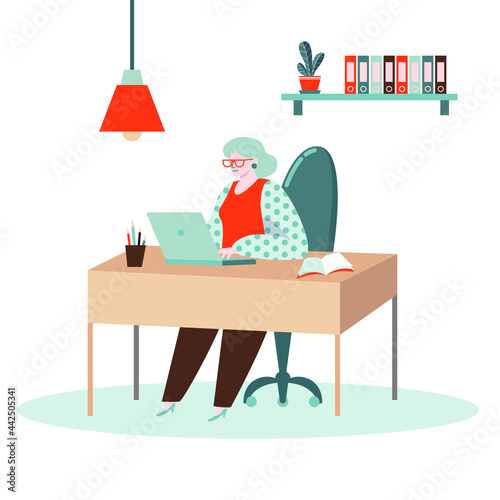 A middle aged woman sitting at the table and working on laptop.Concept for confident independent senior woman doing office work. Vector illustration, modern minimal character design.